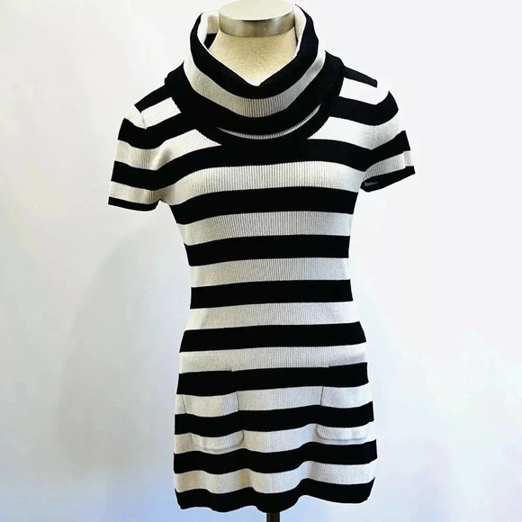 INC Women Short Sleeve Pullover Turtleneck Striped Black/White Sweater Size PM - Picture 1 of 13